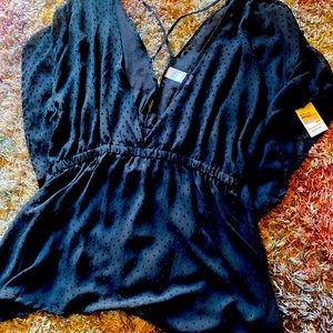 Plus 3X Sheer Polka Dot Plunge V neck top with Criss Cross back